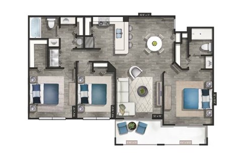Floor plan for 3 beds, 2 baths, 1234 sqft