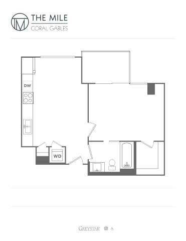 Floor plan for 1 bed, 1 bath, 575 sqft