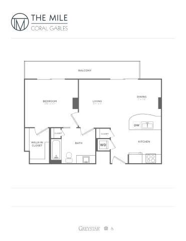 Floor plan for 1 bed, 1 bath, 694 sqft