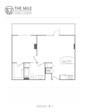 Floor plan for 1 bed, 1 bath, 797 sqft