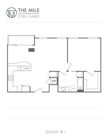 Floor plan for 1 bed, 1 bath, 891 sqft