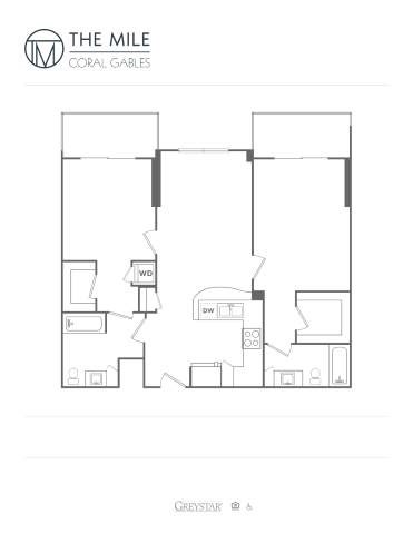 Floor plan for 2 beds, 2 baths, 1107 sqft