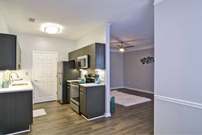 Gainesville apartment for rent - an open kitchen and living room with a stainless steel refrigerator and stove