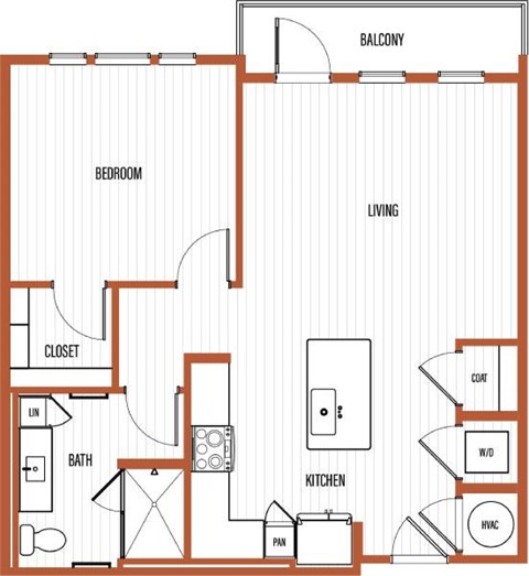 Floor plan for 1 bed, 1 bath, 803 sqft