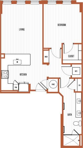 Floor plan for 1 bed, 1 bath, 838 sqft