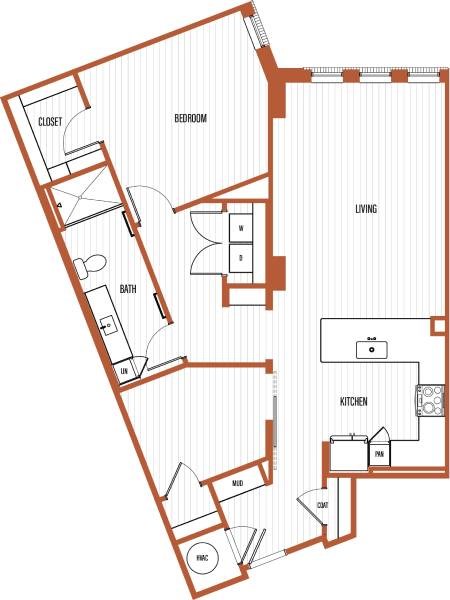 Floor plan for 1 bed, 1 bath, 1120 sqft