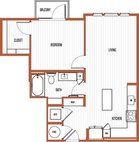 Floor plan for 1 bed, 1 bath, 691 sqft