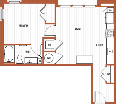 Floor plan for 1 bed, 1 bath, 635 sqft