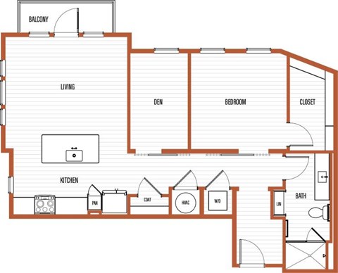 Floor plan for 1 bed, 1 bath, 945 sqft