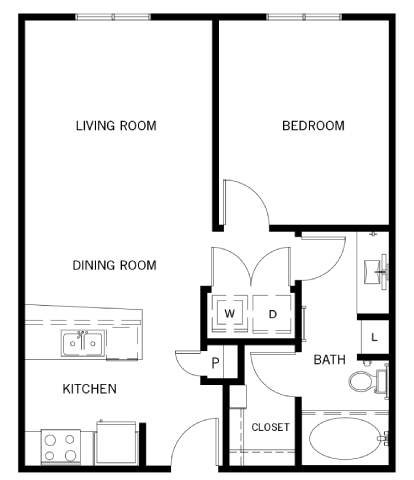 Floor plan for 1 bed, 1 bath, 836 sqft