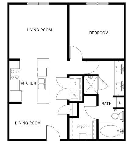 Floor plan for 1 bed, 1 bath, 828 sqft