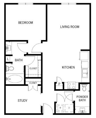 Floor plan for 1 bed, 1 bath, 908 sqft