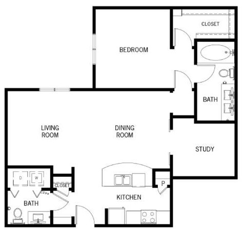 Floor plan for 1 bed, 1 bath, 1056 sqft