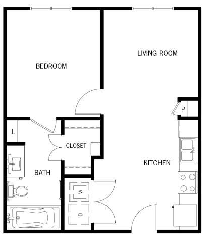 Floor plan for 1 bed, 1 bath, 604 sqft