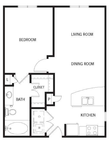 Floor plan for 1 bed, 1 bath, 719 sqft