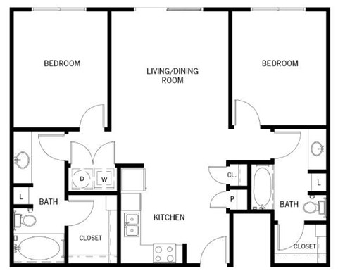 Floor plan for 2 beds, 2 baths, 1104 sqft