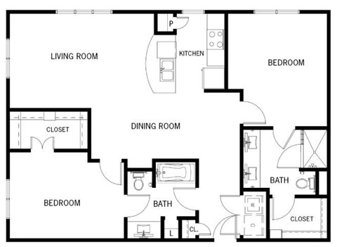 Floor plan for 2 beds, 2 baths, 1495 sqft