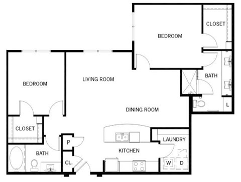 Floor plan for 2 beds, 2 baths, 1251 sqft