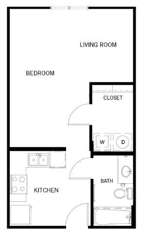 Floor plan for studio, 1 bath, 648 sqft
