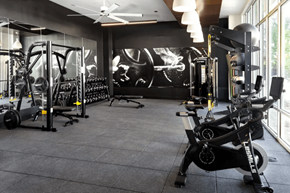 Plano apartment for rent - A gym with a row of exercise bikes and a wall mural.