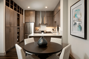 Plano apartment for rent - A modern kitchen with a dining table and chairs.