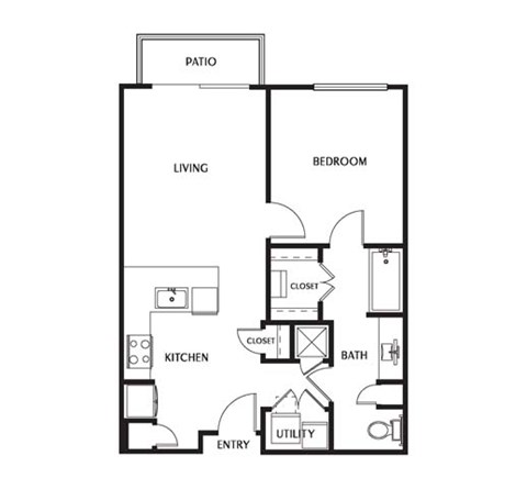 Floor plan for 1 bed, 1 bath, 666 sqft