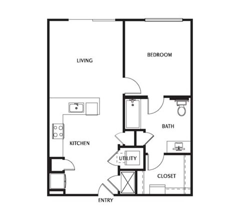 Floor plan for 1 bed, 1 bath, 702 sqft