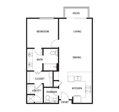 Floor plan for 1 bed, 1 bath, 900 sqft