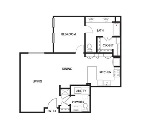 Floor plan for 1 bed, 1 bath, 1049 sqft