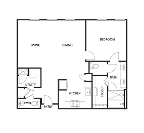 Floor plan for 1 bed, 1 bath, 1043 sqft