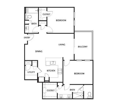 Floor plan for 2 beds, 2 baths, 1258 sqft