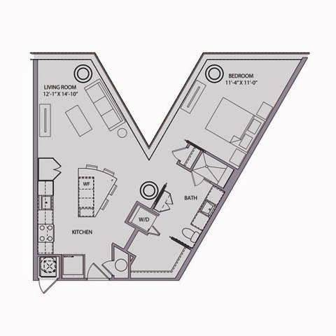 Floor plan for 1 bed, 1 bath, 795 sqft
