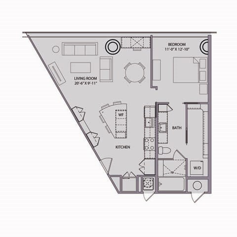 Floor plan for 1 bed, 1 bath, 862 sqft