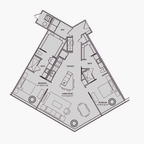 Floor plan for 2 beds, 2 baths, 1301 sqft