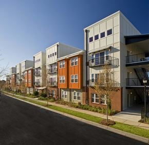 Columbia apartment for rent - A row of modern apartment buildings with balconies and trees in front.