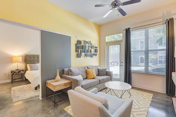 Columbia apartment for rent - A living room with a grey couch and a yellow rug.