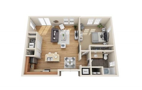 Floor plan for 1 bed, 1 bath, 940 sqft
