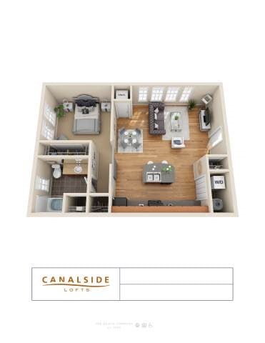Floor plan for 1 bed, 1 bath, 725 sqft