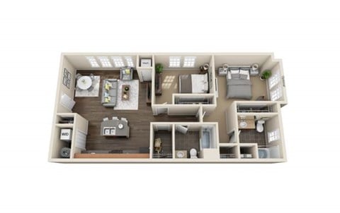 Floor plan for 2 beds, 2 baths, 1045 sqft
