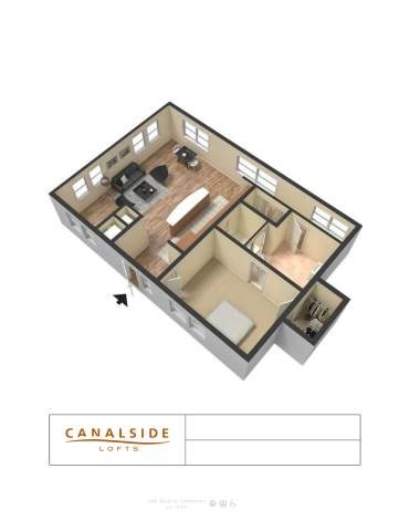 Floor plan for 1 bed, 1 bath, 885 sqft