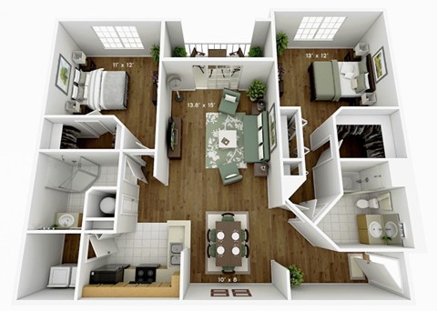 Floor plan for 2 beds, 2 baths, 1145 sqft