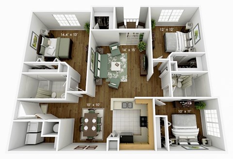 Floor plan for 3 beds, 2 baths, 1323 sqft