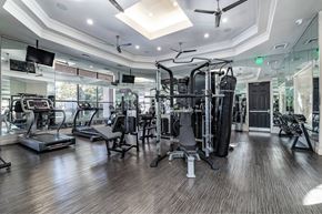 Orlando apartment for rent - A spacious gym with a variety of equipment and a ceiling fan.