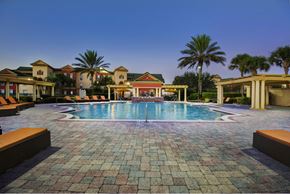 Orlando apartment for rent - A pool surrounded by palm trees and a building in the background.