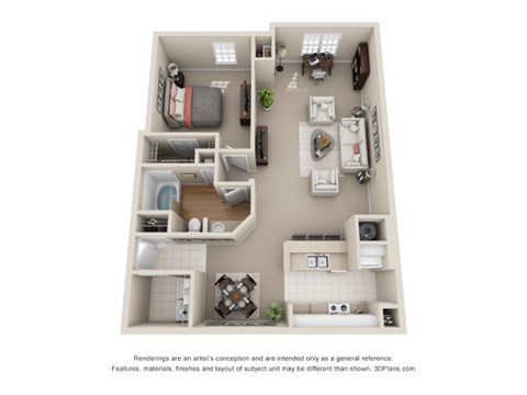 Floor plan for 1 bed, 1 bath, 973 sqft