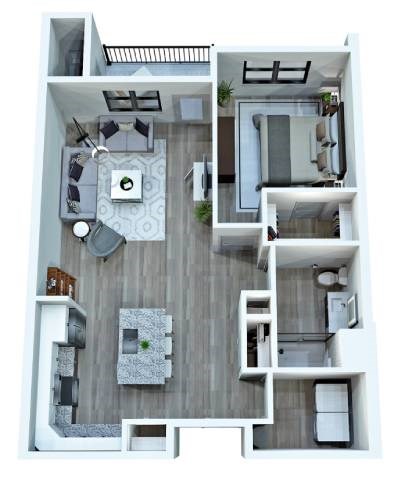 Floor plan for 1 bed, 1 bath, 888 sqft