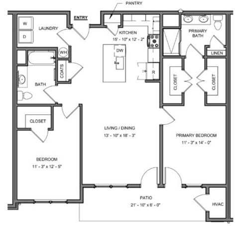 Floor plan for 2 beds, 2 baths, 1243 sqft