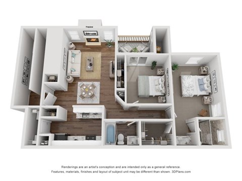 Floor plan for 2 beds, 2 baths, 975 sqft