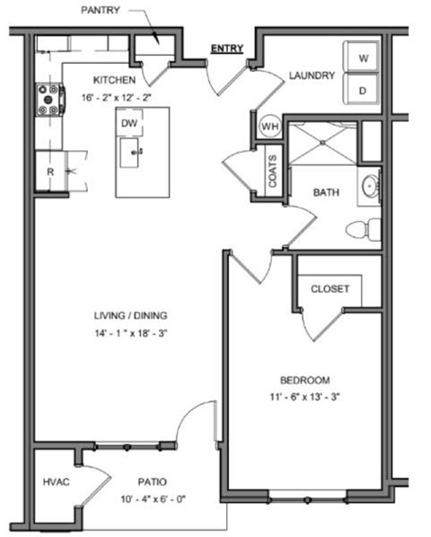 Floor plan for 1 bed, 1 bath, 899 sqft