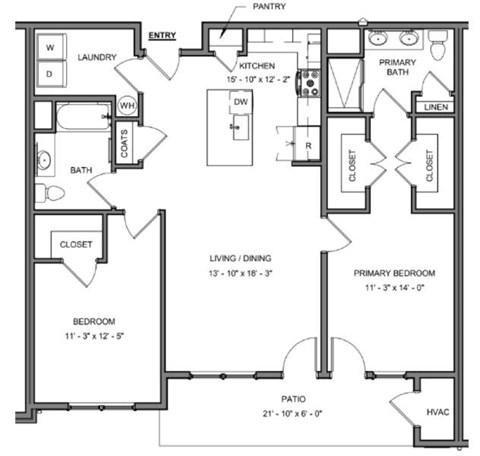 Floor plan for 2 beds, 2 baths, 1243 sqft